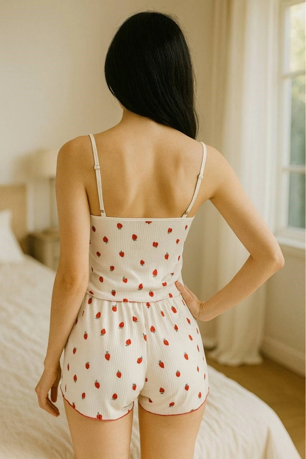 Üstüne Çilek Desenli Askılı Şortlu Pijama Takımı - Beyaz - KLBN26247
