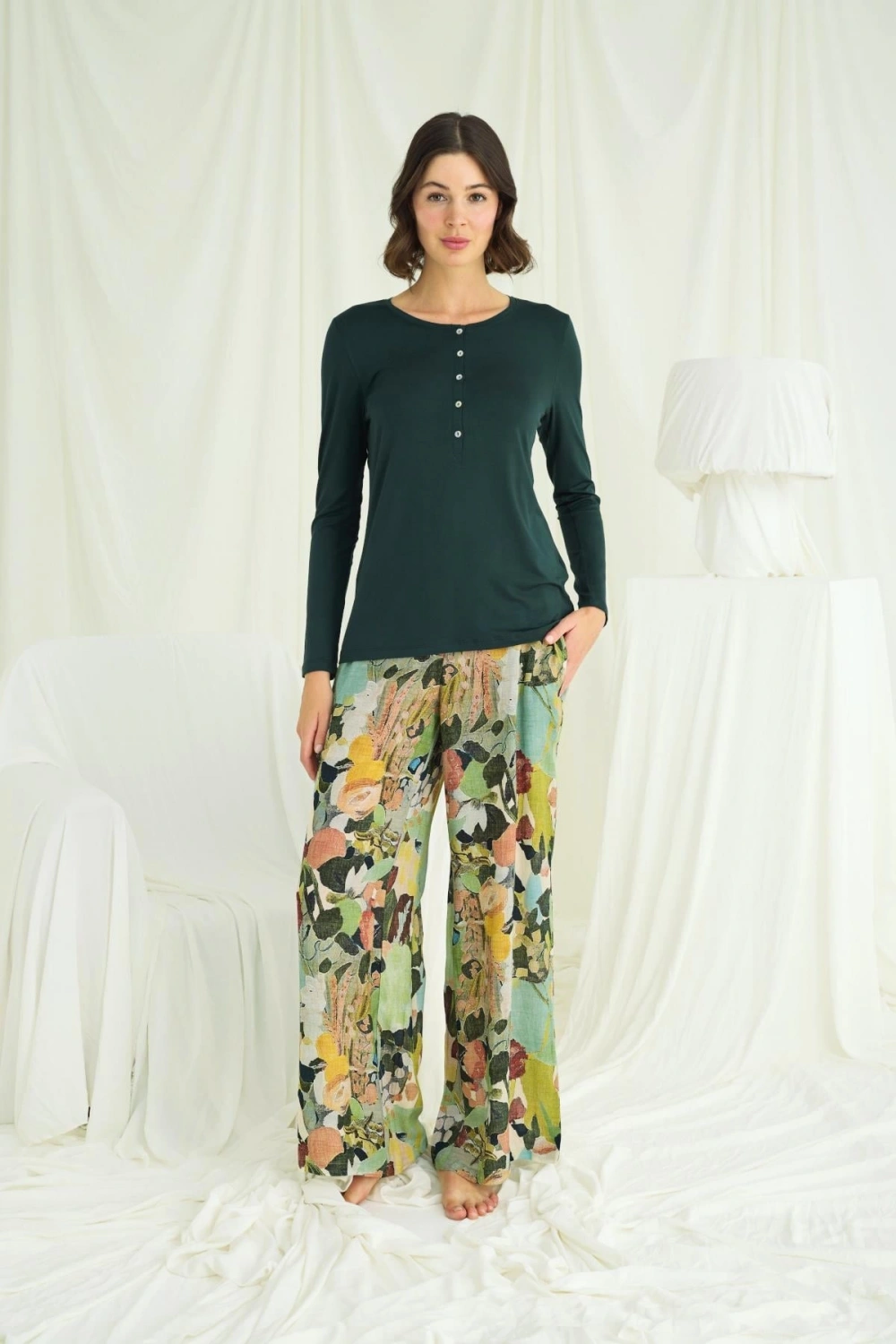 Çiçek ve Yaprak Desenli Pijama Takımı - KLBN29166