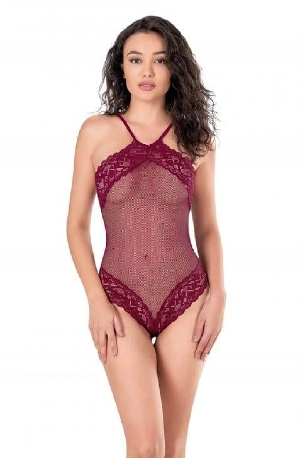 İşlemeli Dantelli File Tül Bodysuit - Bordo - KLBN22222