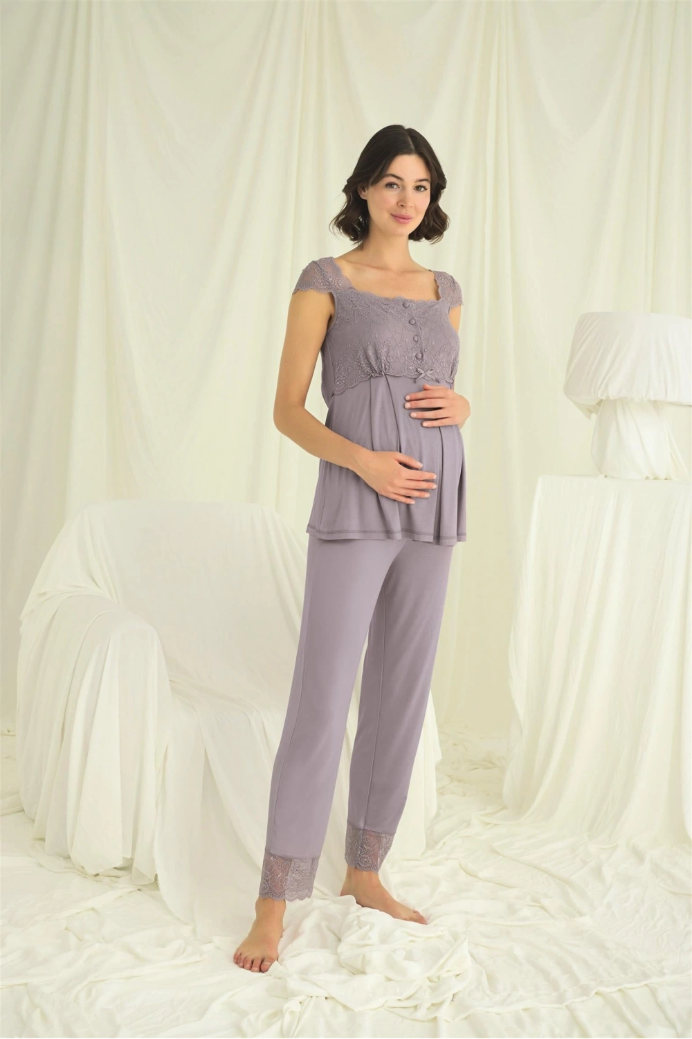Dantelli Önü Düğmeli Hamile Lohusa 3lü Pijama Takımı - KLBN29238