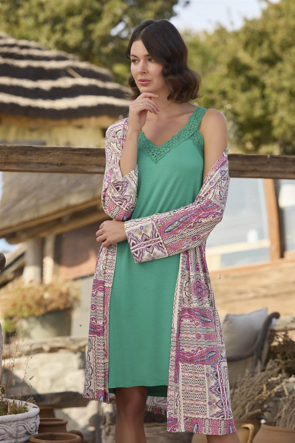 Etnik Deseni ve Dantelli Sabahlık Seti - KLBN29142