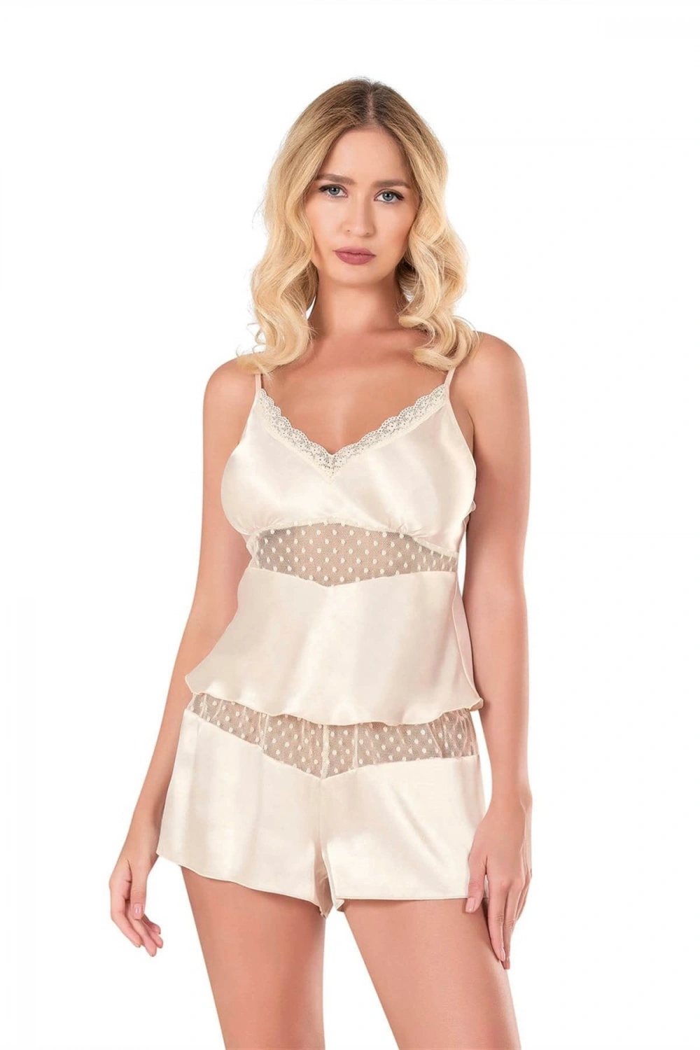 Saten Babydoll Şortlu Set - Fildişi - KLBN14074