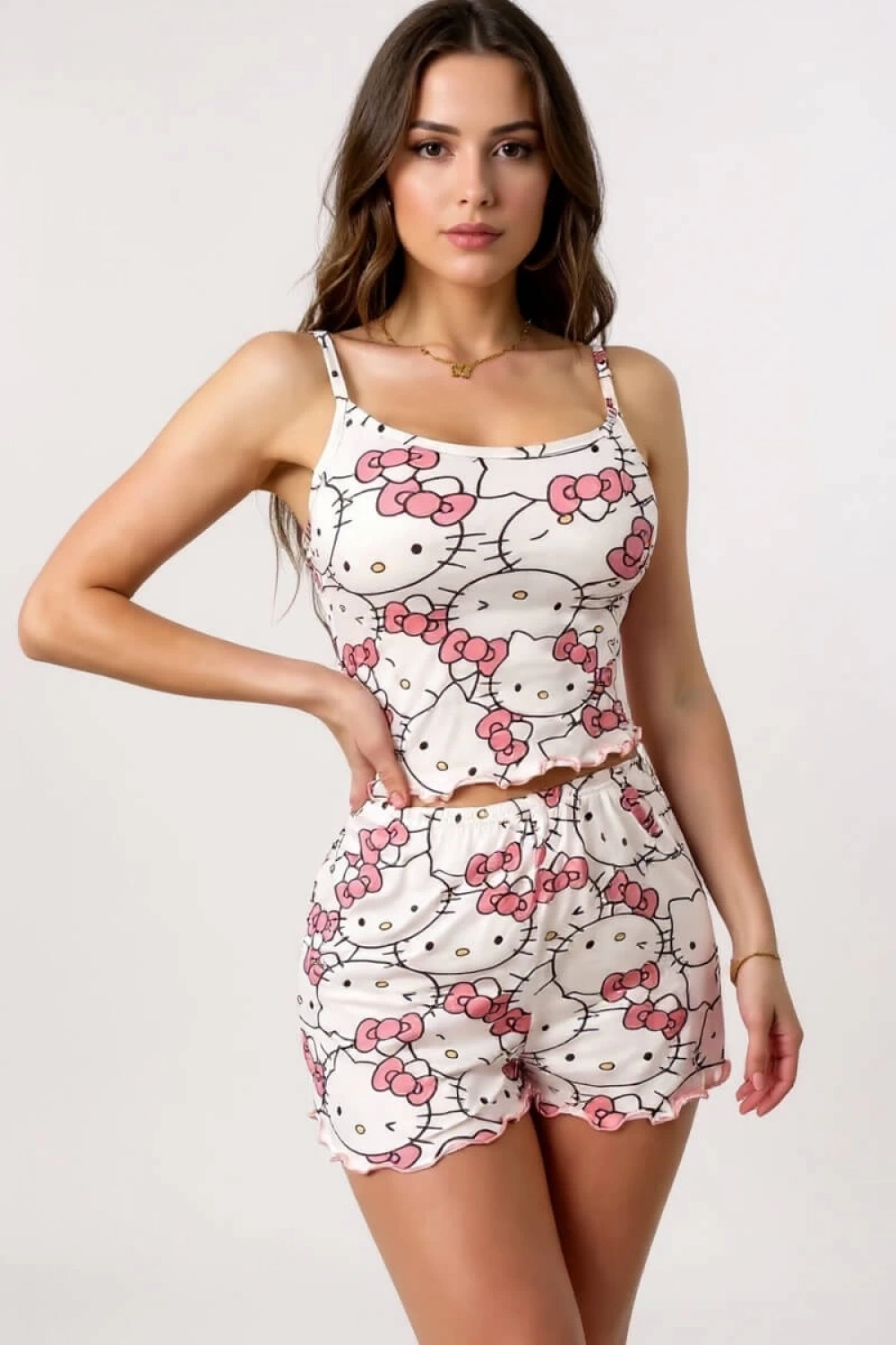 Hello Kitty Baskılı Askılı Şortlu Pijama Takımı Modeli - Kadın - KLBN00340