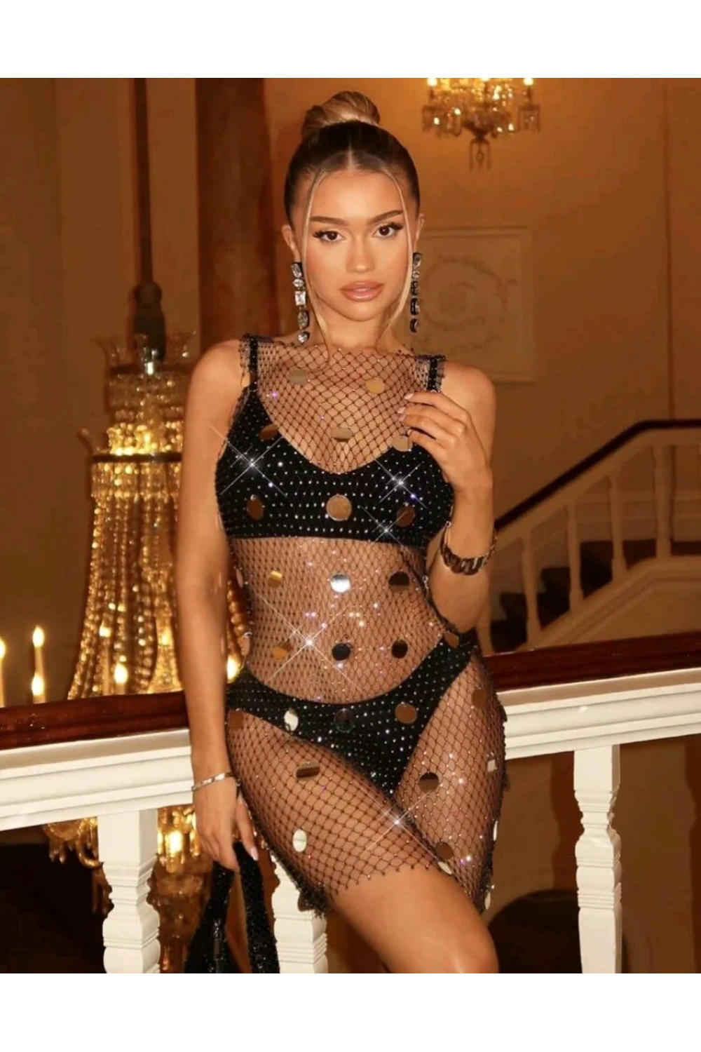 Işıltılı Pullu , Taşlı File ELBİSE– Kolsuz, Transparan, Parlak Gece Elbisesi
