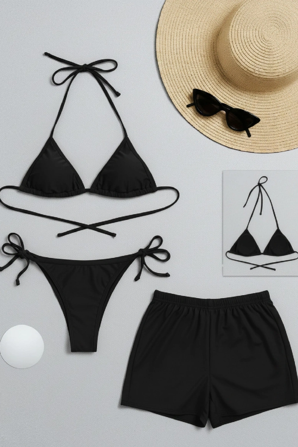 Kadın 3lü Set Siyah Şortlu ve Yandan Bağlamalı Bikini Mayo Takımı