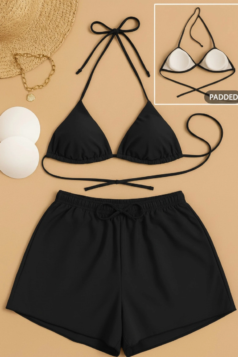Kadın 3lü Set Siyah Şortlu ve Yandan Bağlamalı Bikini Mayo Takımı