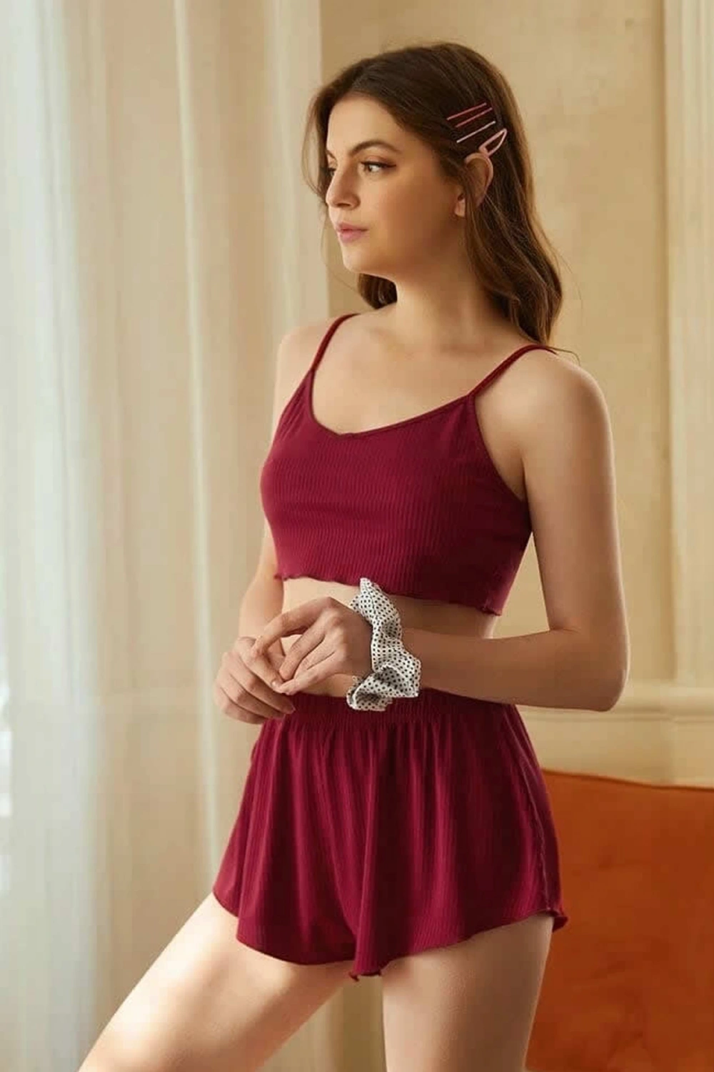 Kadın Bordo Şortlu Kaşkorse Gecelik Takım