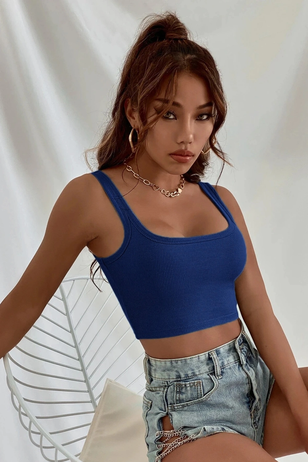 Kadın Lacivert Kalın Askılı Crop Top Büstiyer