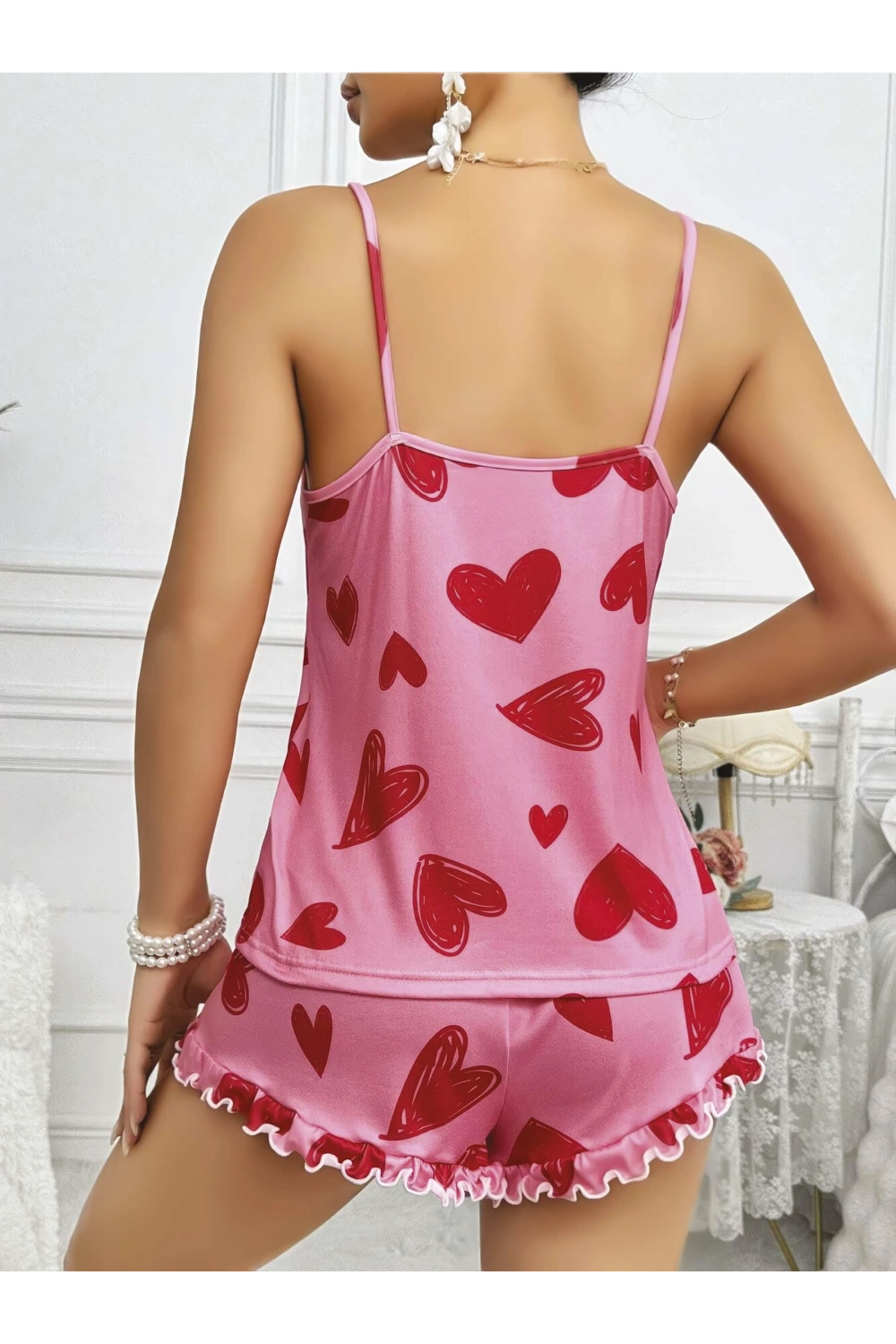 Kadın Pembe Kalp Baskılı Şortlu Gecelik Pijama Takımı 5050