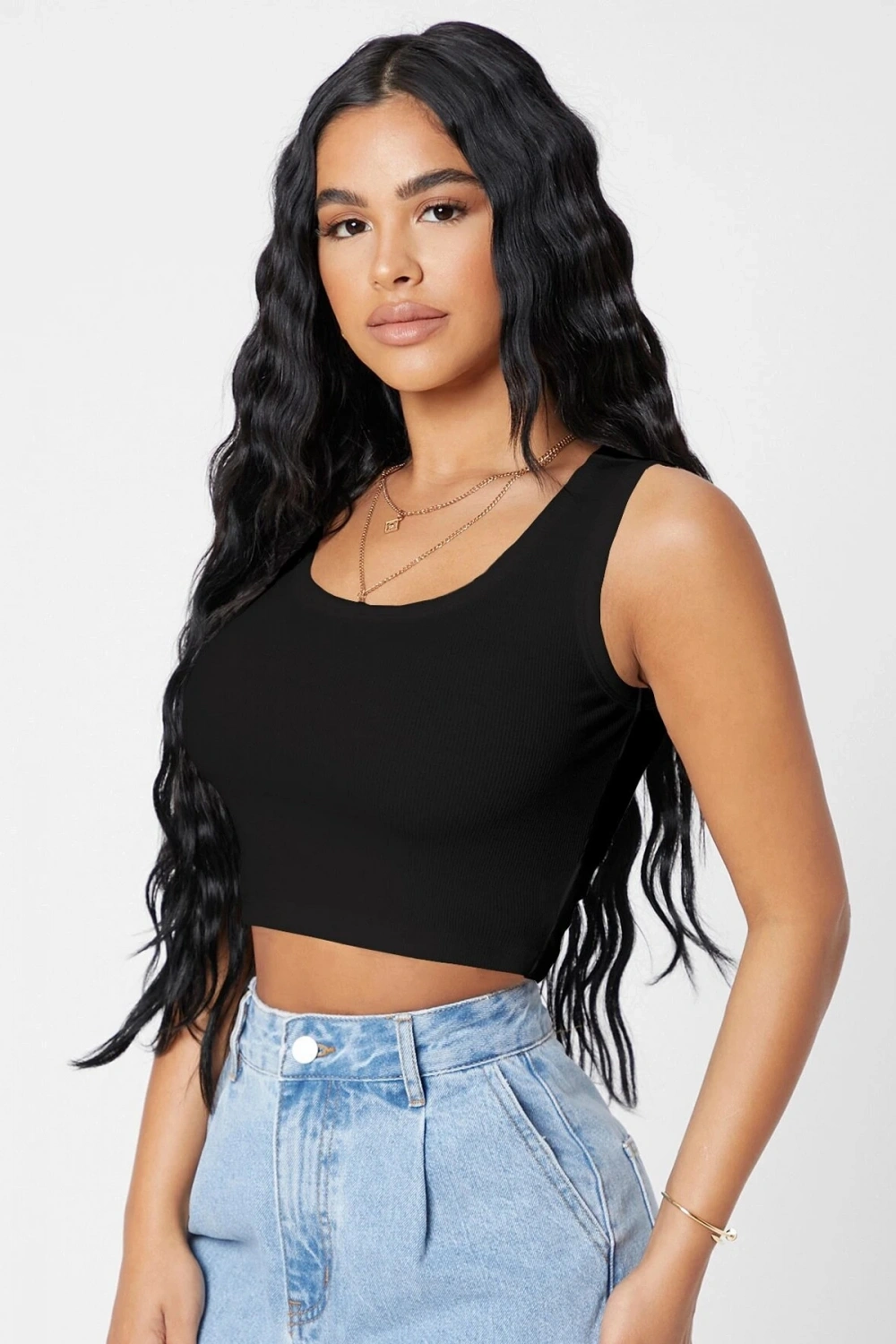 Kadın Siyah Kare Yaka Crop Top Bluz