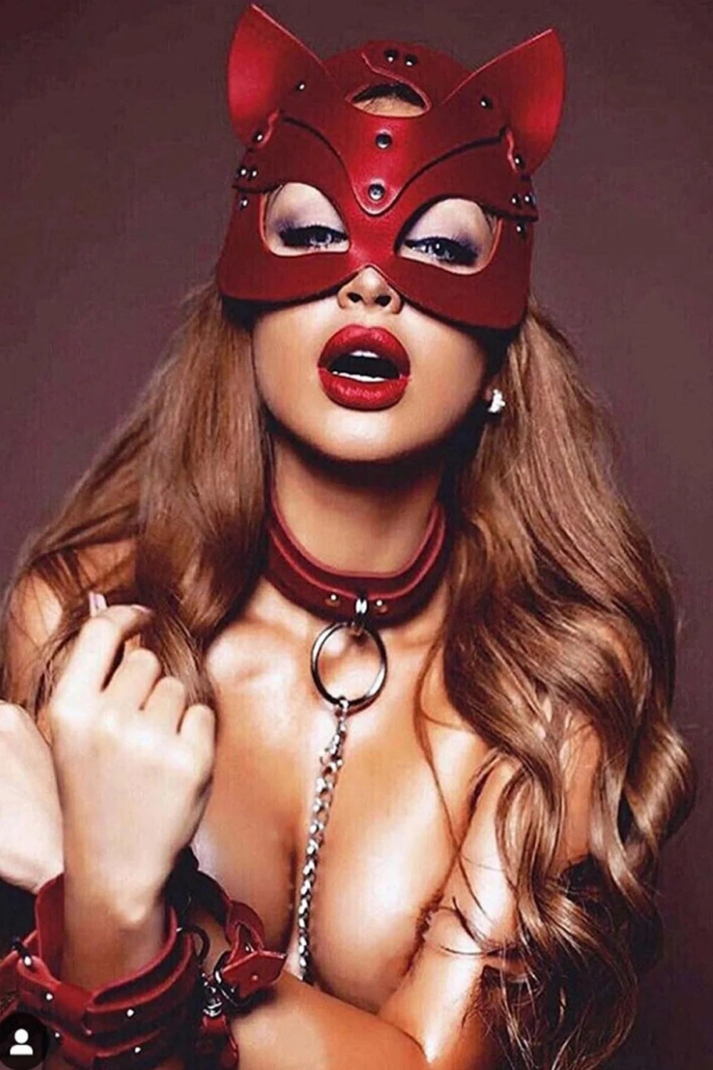 Maske, Tasma ve Kelepçe Harness Deri Set - Kırmızı - KLBN20381