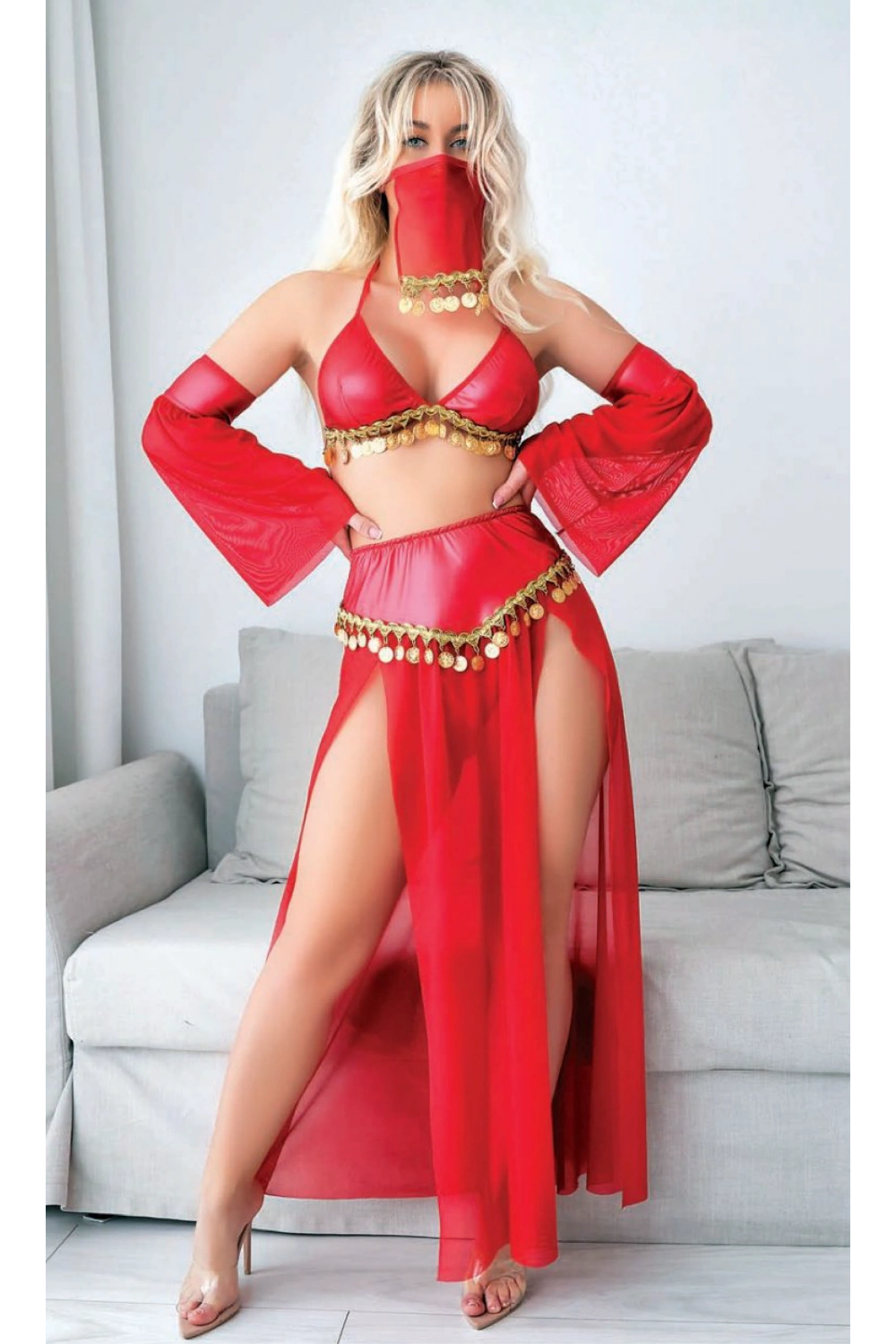 Peçeli Seksi Dansöz Kostümü - Kırmızı - KLBN20505