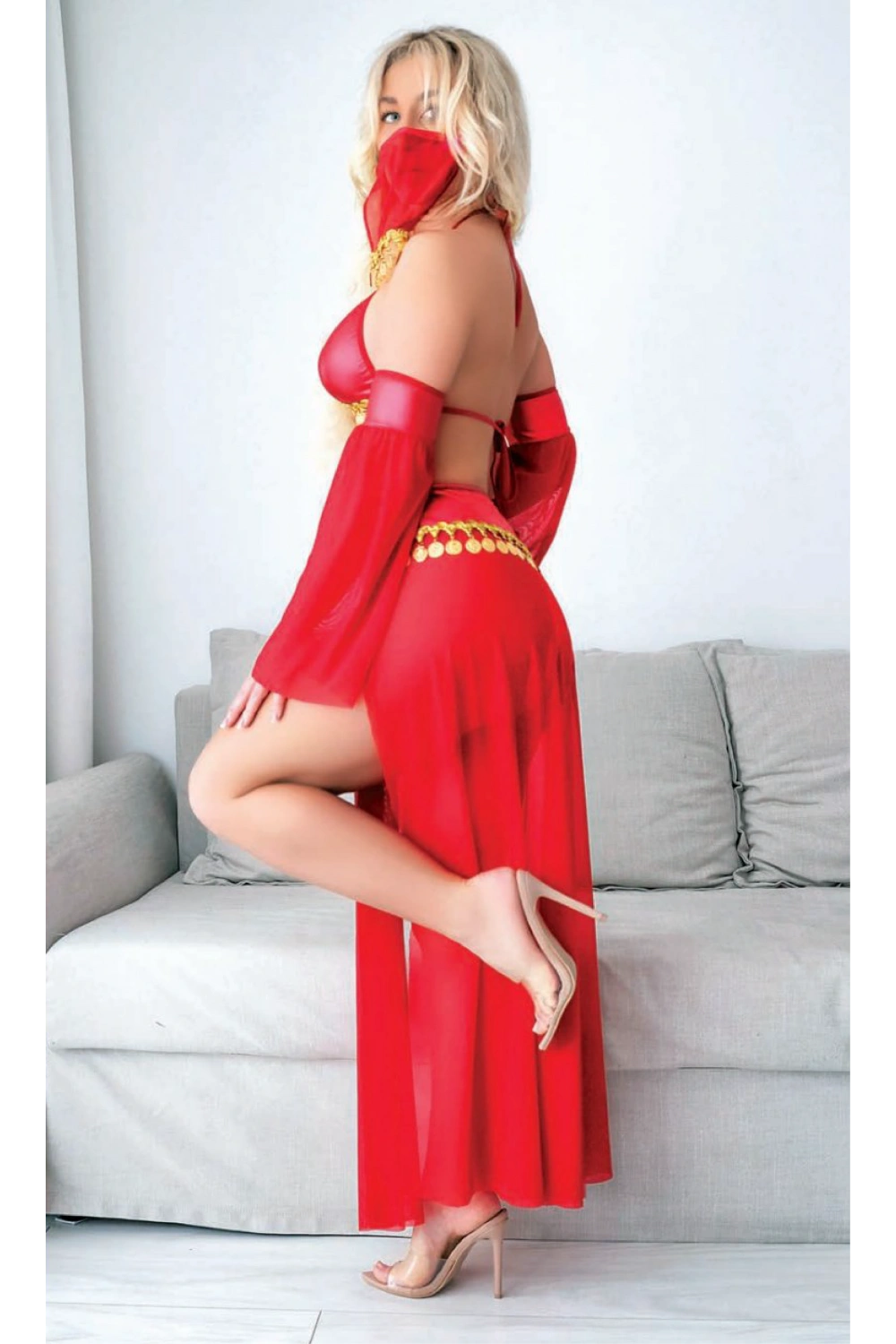 Peçeli Seksi Dansöz Kostümü - Kırmızı - KLBN20505
