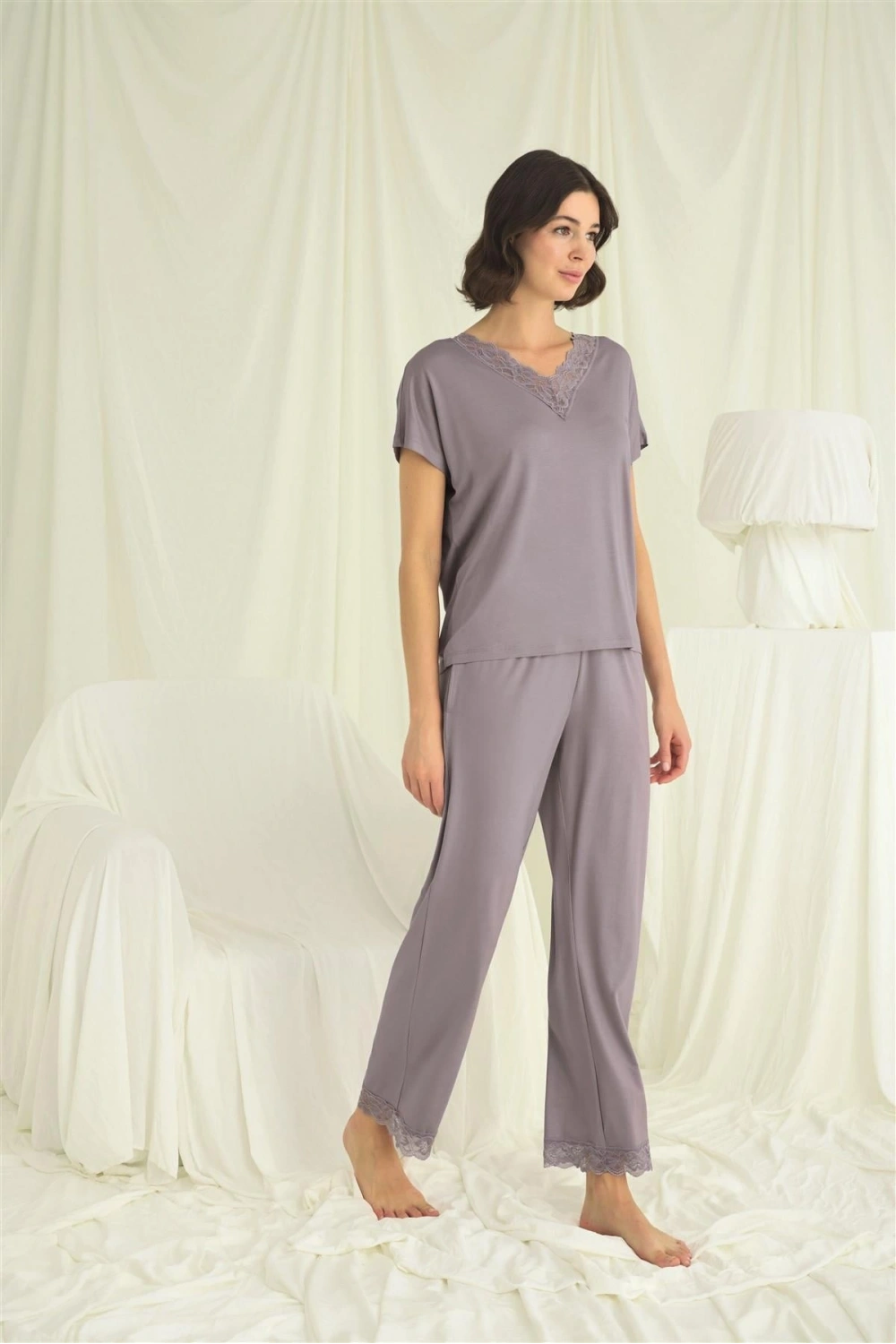 Kısa Kollu V Yakalı Dantelli Pijama Takımı - KLBN29235