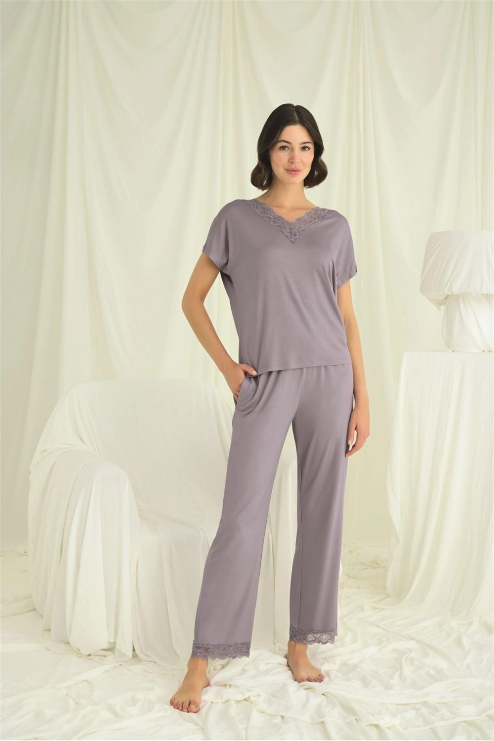 Kısa Kollu V Yakalı Dantelli Pijama Takımı - KLBN29235