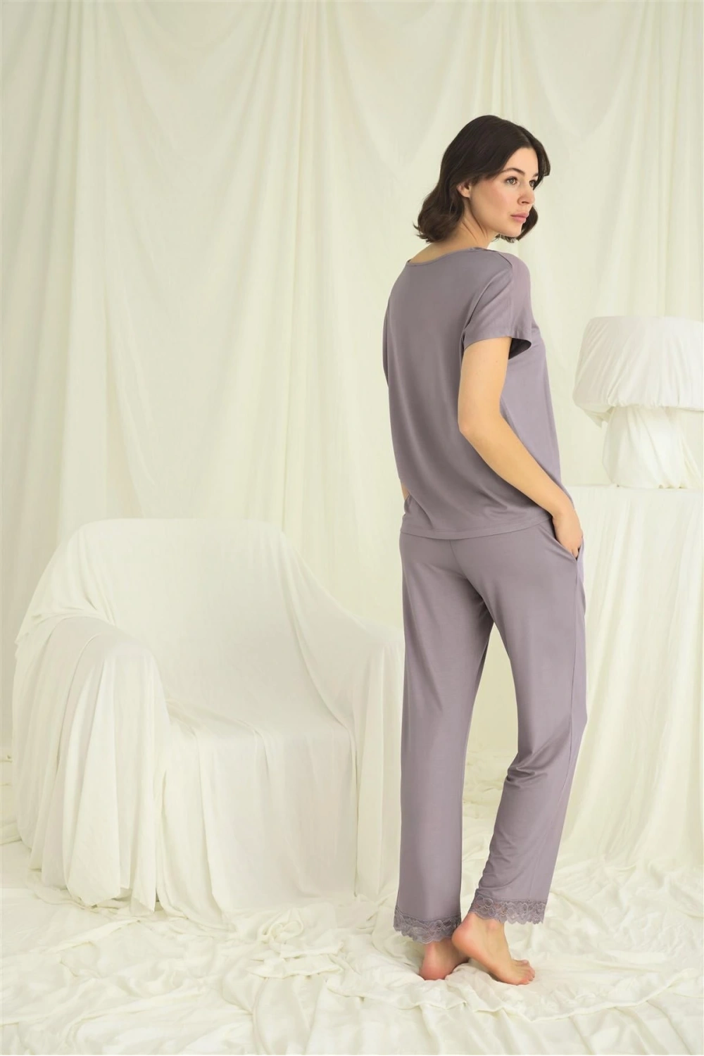 Kısa Kollu V Yakalı Dantelli Pijama Takımı - KLBN29235