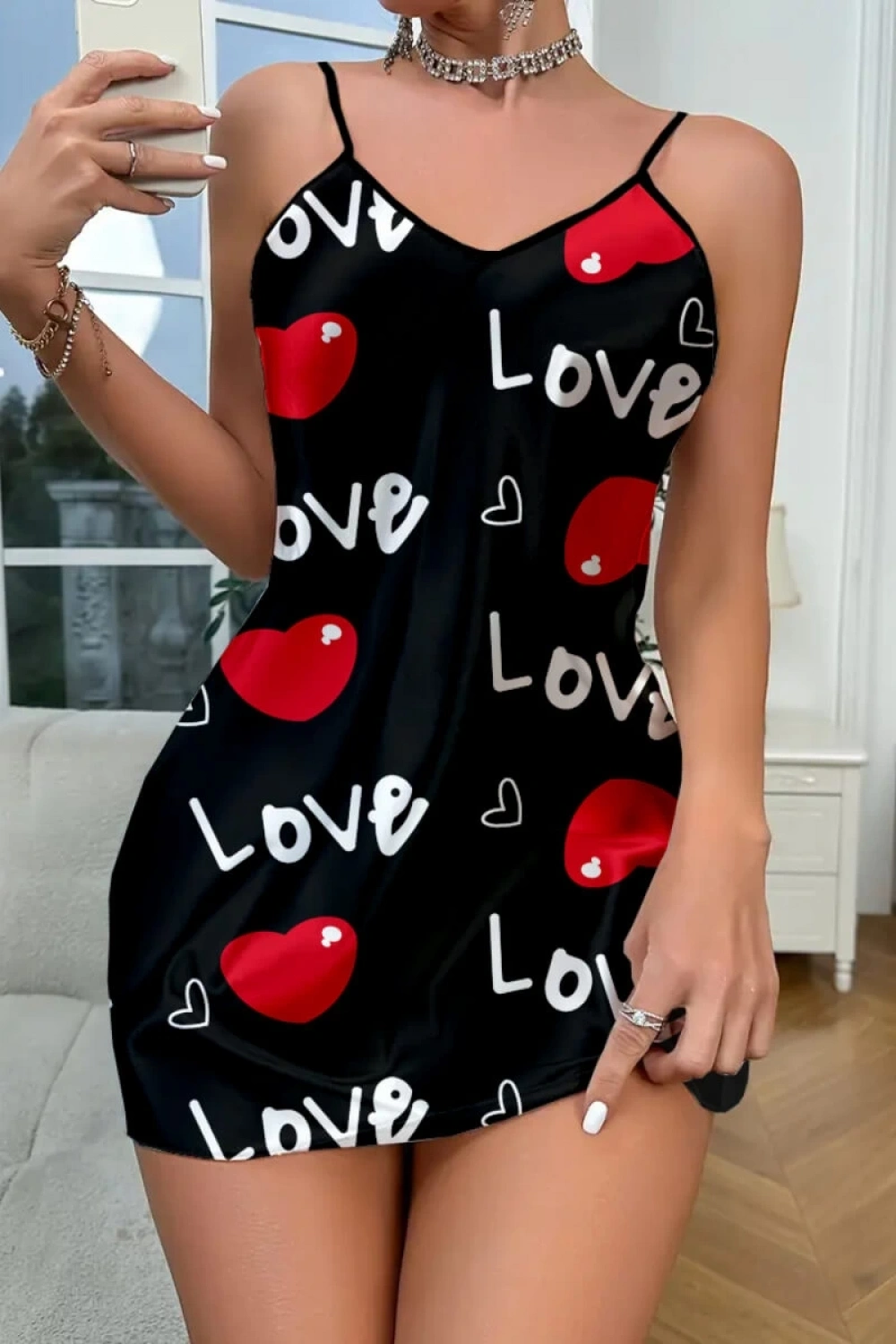 Love Desenli Siyah Saten Gecelik Modeli - Kadın - KLBN00336