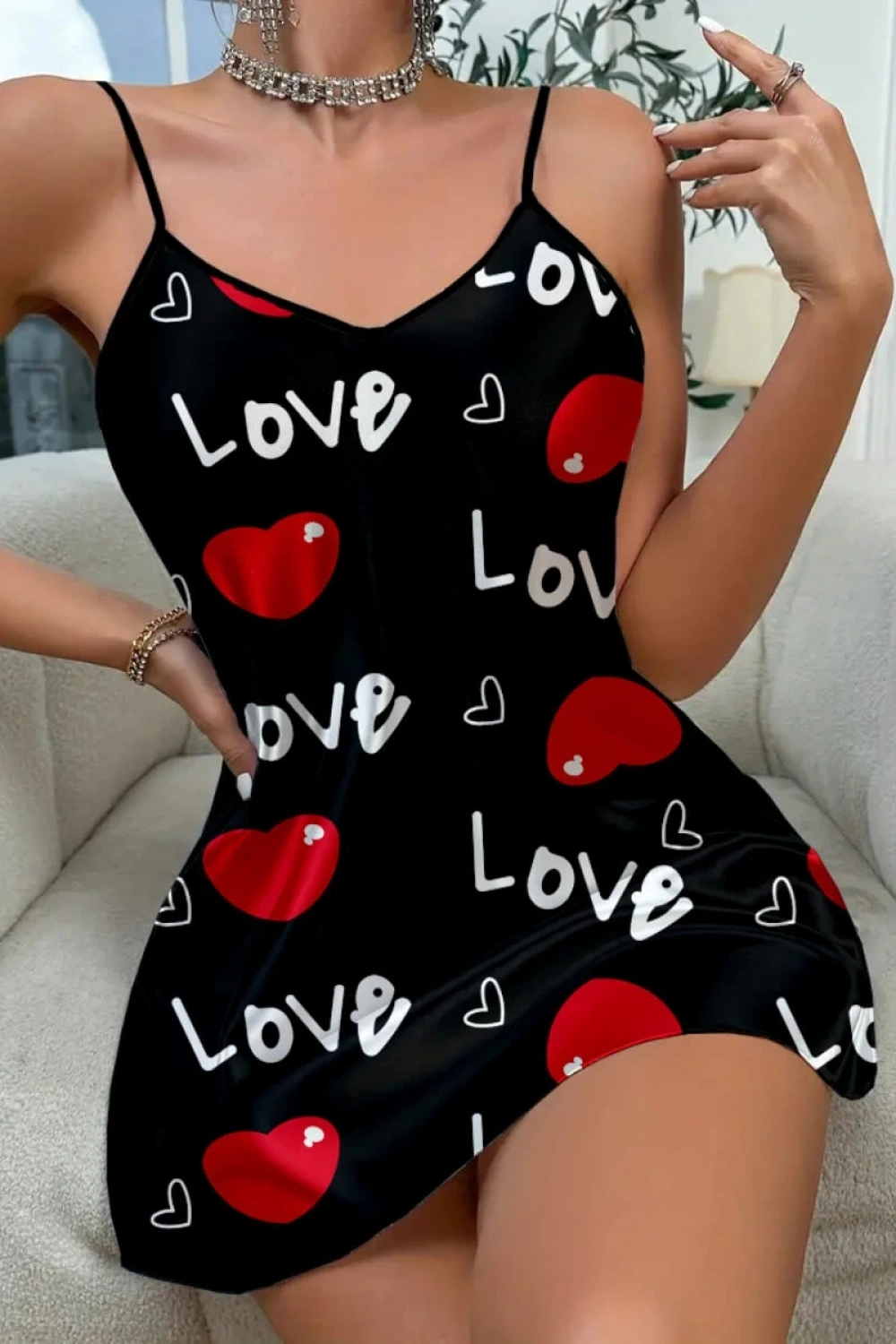 Love Desenli Siyah Saten Gecelik Modeli - Kadın - KLBN00336