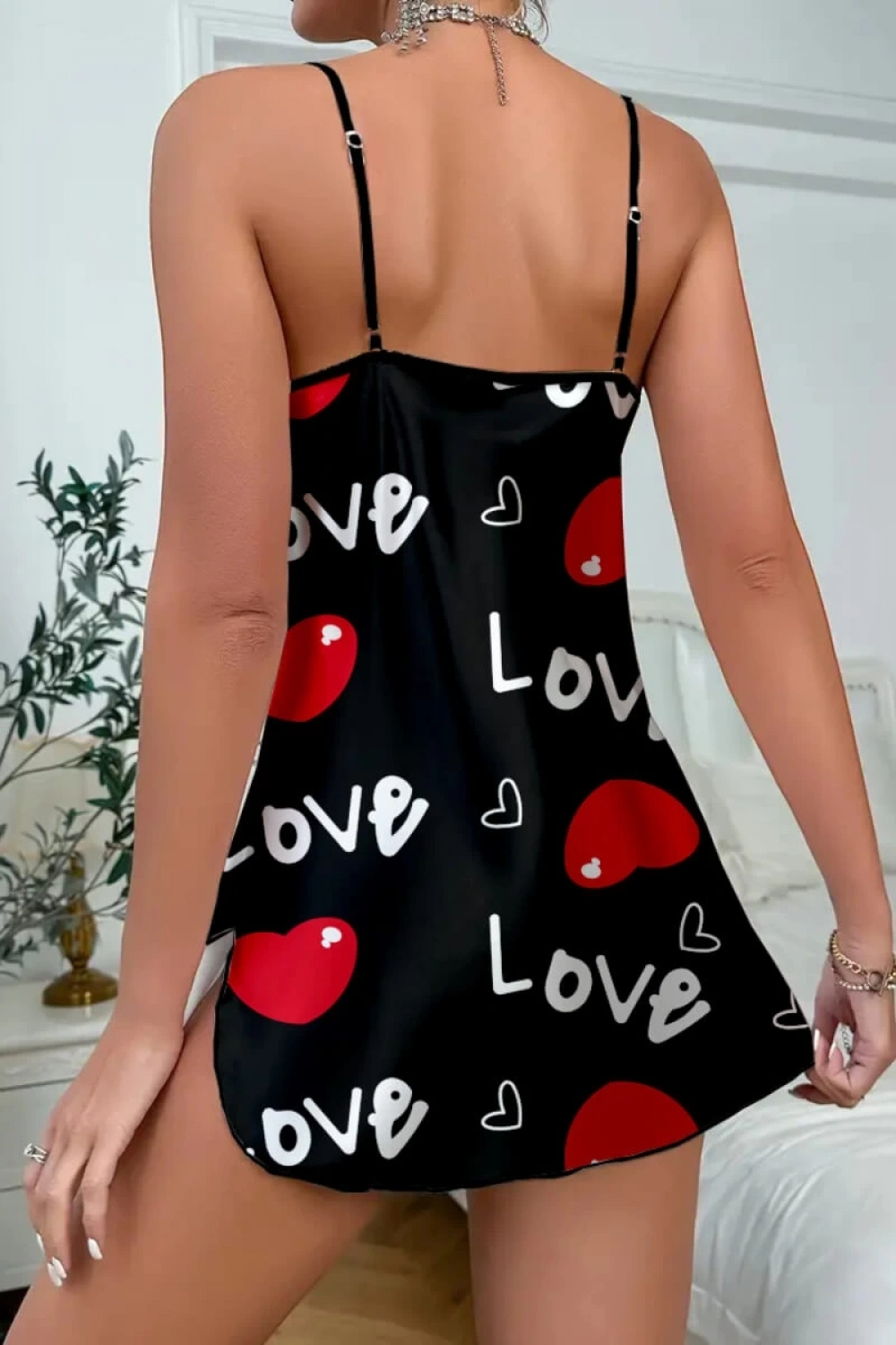 Love Desenli Siyah Saten Gecelik Modeli - Kadın - KLBN00336