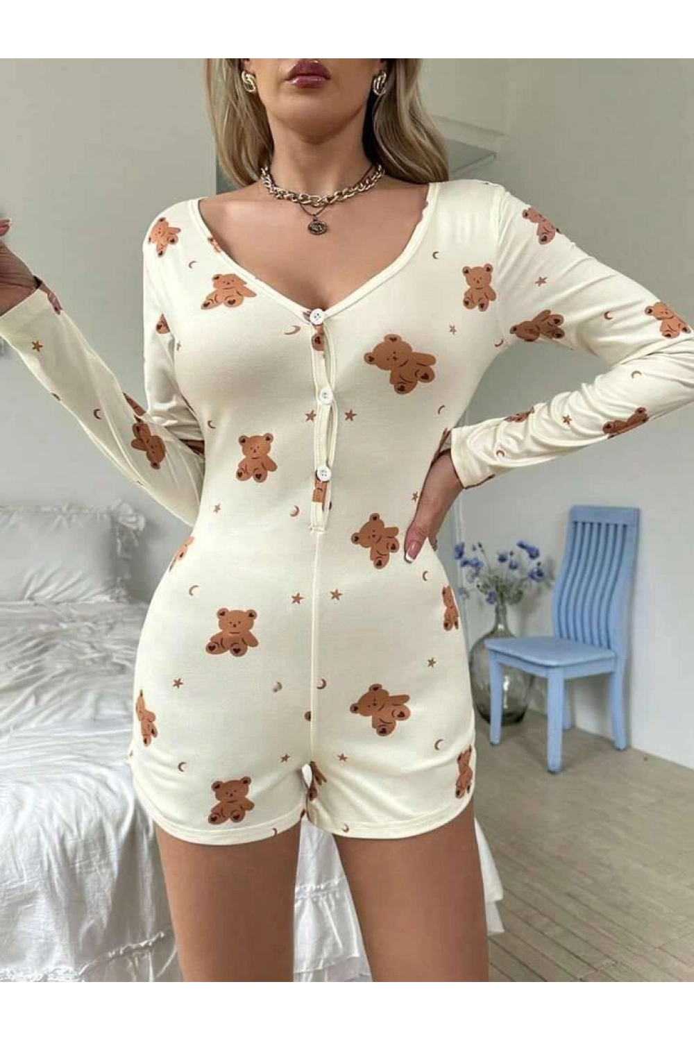 Pamuklu Ayıcık Desenli Düğmeli Tulum Pijama - Ekru - KLBN28650