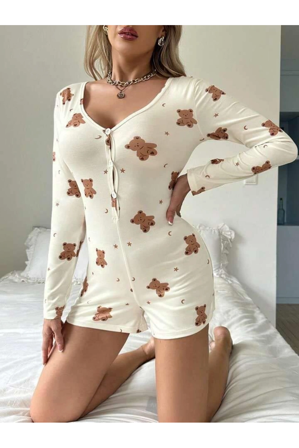 Pamuklu Ayıcık Desenli Düğmeli Tulum Pijama - Ekru - KLBN28650