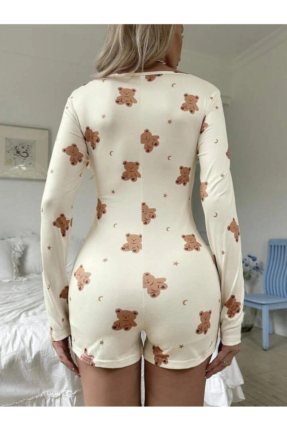 Pamuklu Ayıcık Desenli Düğmeli Tulum Pijama - Ekru - KLBN28650