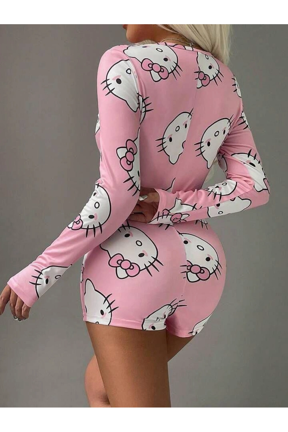 Pamuklu Hello Kitty Desenli Düğmeli Uzun Kol Tulum Pijama - Pembe - KLBN28730
