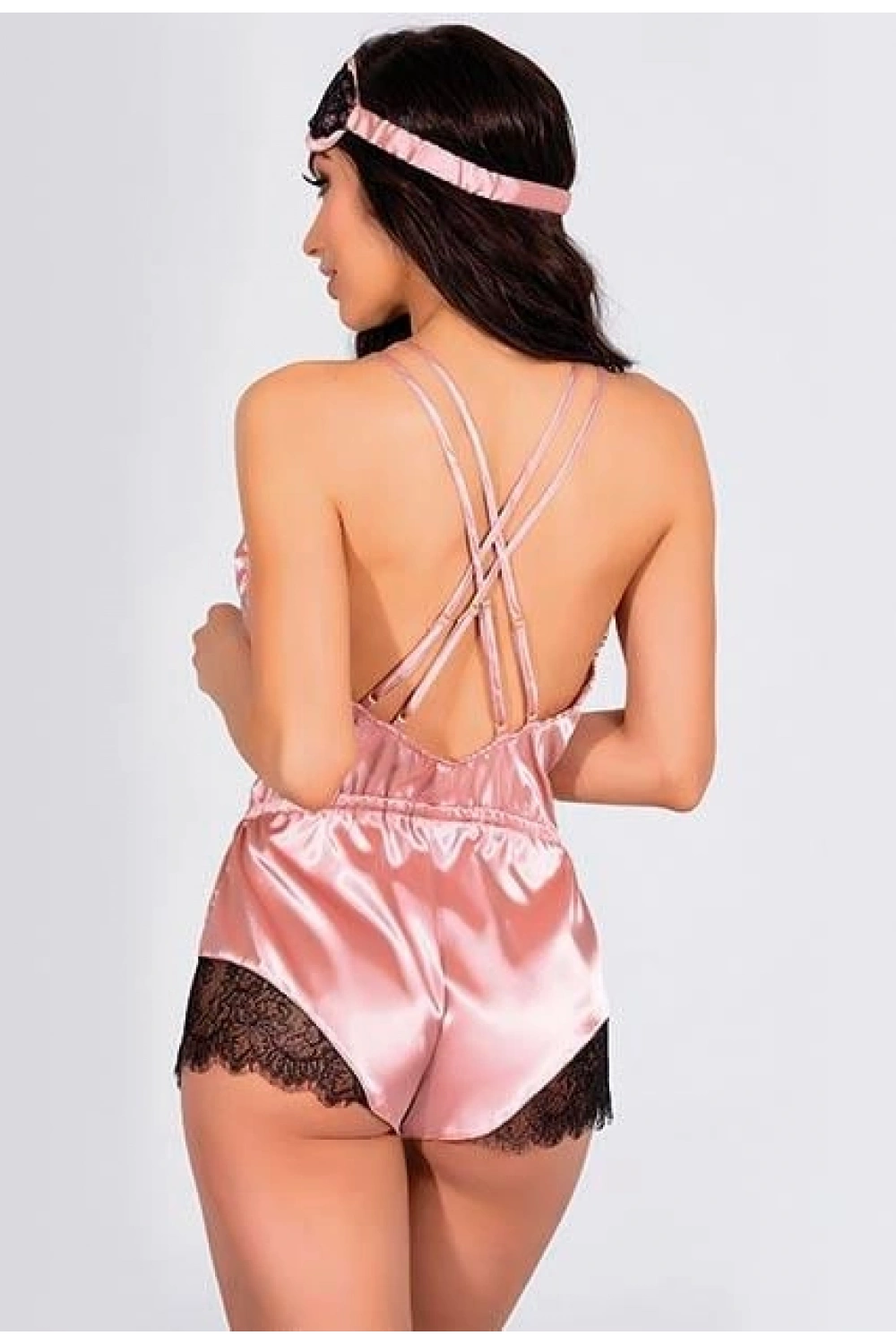 Dantelli Sırtı Çapraz Saten Şort Tulum - Pembe - KLBN25557