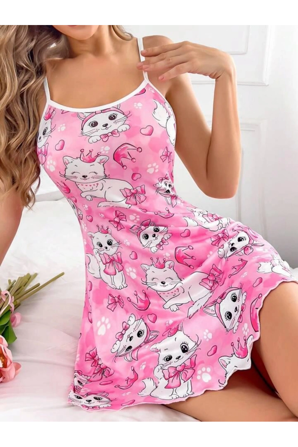 Pembe Kedi Desenli Fantezi Gecelik