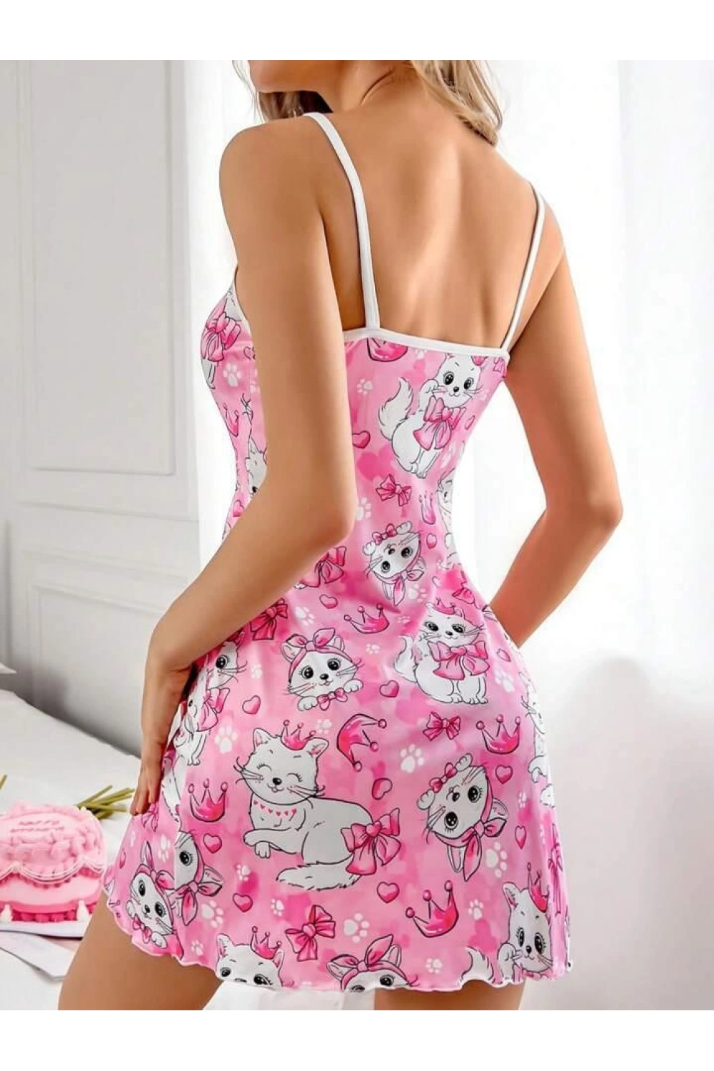 Pembe Kedi Desenli Fantezi Gecelik