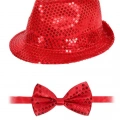 Kırmızı Payetli Şapka ve Papyon Seti – Parıltılı Yetişkin Kostüm Seti