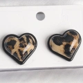 Pirinç Siyah Renk Leopar Desen 3D Kalp Model Kadın Küpe - Lisinya