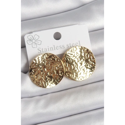 316 Çelik Gold Renk İşlemli Daire Plaka Model Kadın Küpe