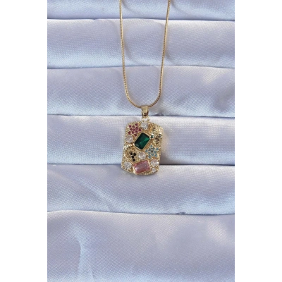 316L Altın Renk Çok Renkli Zirkon Taşlı Vintage Kolye - Lisinya