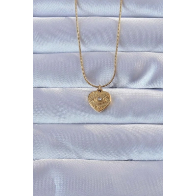 316L Altın Renk Zirkon Taşlı İşlemeli Göz Detay Kalp Kolye - Lisinya