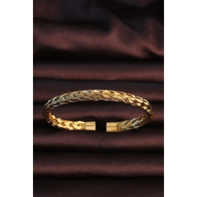 316L Çelik Altın Renk Kalın Yassı Örgü Model Erkek Bileklik