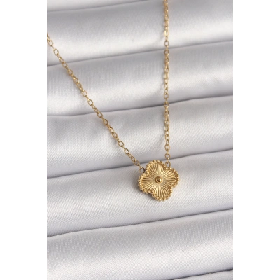 316L Çelik Gold Renk İşleme Detaylı Yonca Model Kadın Kolye - Lisinya