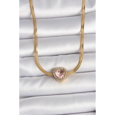 316L Çelik Gold Renk İtalyan Zincir Pembe Zirkon Taşlı Kalp Model Kadın Kolye - Lisinya