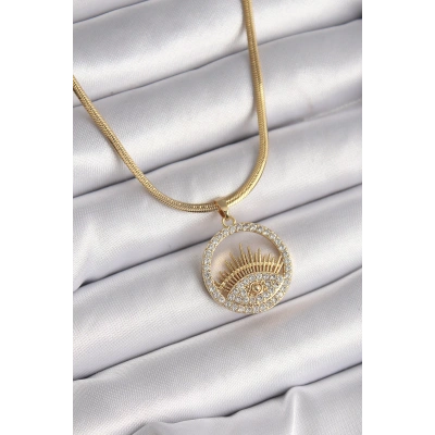 316L Çelik Gold Renk İtalyan Zincir Zirkon Taşlı Göz Model Kadın Kolye