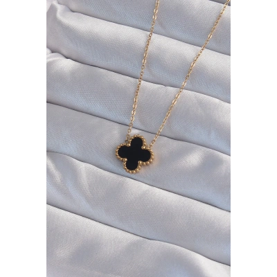 316L Çelik Gold Renk Siyah Mineli Yonca Kolye