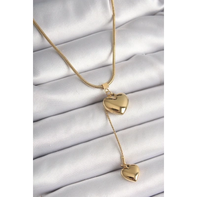 316L Çelik Gold Renk Tüp Zincir Model 3D Sallantı Kalp Model Kadın Kolye