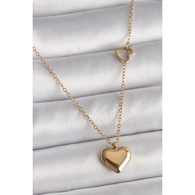 316L Çelik Gold Renk Zincir Kalp Detay Kalp Figür Kadın Kolye - Lisinya