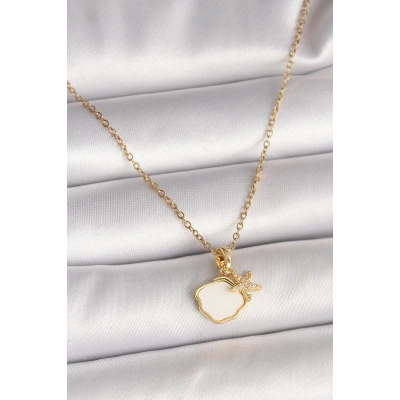 316L Çelik Gold Renk Zincir Sallantı Beyaz Mineli Deniz Kabuğu Zirkon Taşlı Deniz Yıldızı Figür Kadın Kolye - Lisinya