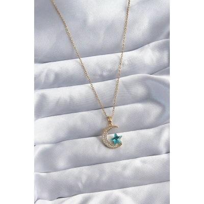 316L Çelik Gold Renk Zincir Zirkon Taş Detay Hilal Yıldızı Figür Kadın Kolye - Lisinya