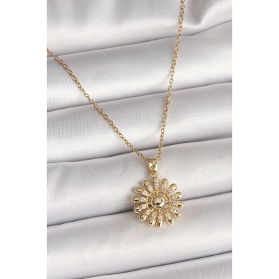 316L Çelik Gold Renk Zincir Zirkon Taşlı Güneş Model Kadın Kolye - Lisinya