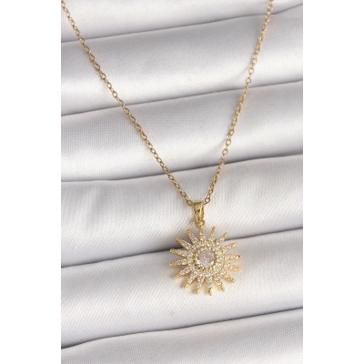 316L Çelik Gold Renk Zincir Zirkon Taşlı Güneş Model Kadın Kolye - Lisinya