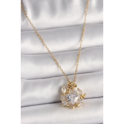 316L Çelik Gold Renk Zincir Zirkon Taşlı Kalp Model Gül Detay Kadın Kolye - Lisinya