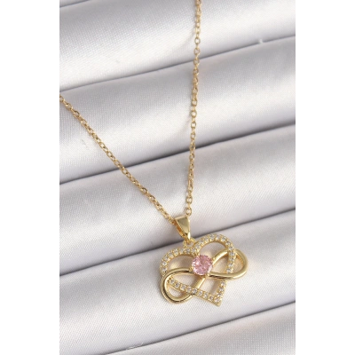 316L Çelik Gold Renk Zincir Zirkon Taşlı Sonsuzluk Kalp Model Kadın Kolye