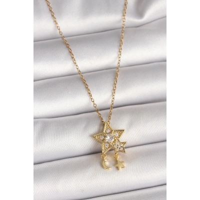 316L Çelik Gold Renk Zincir Zirkon Taşlı Yıldız Model Sallanı Ay Yıldız Detay Kadın Kolye - Lisinya