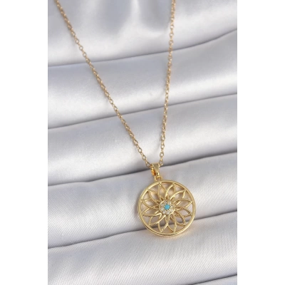 316L Çelik Gold Renk Zincr Mavi Taşlı Lotus Model Kadın Kolye - Lisinya